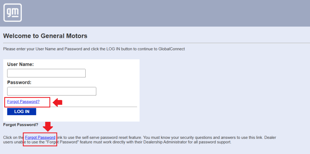 Reset GM Global Connect Login Password